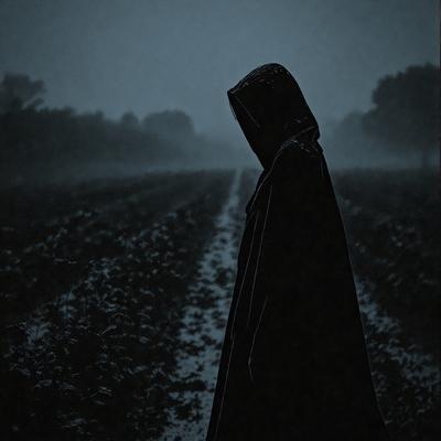 The primary subject of the image is a person wearing a hooded robe, standing in a field. The setting is a rural area with a dirt road and a field of crops. The visual style is a black and white photo, which adds a sense of timelessness and nostalgia to the scene. The dominant colors are shades of gray, black, and white, creating a moody and atmospheric mood.